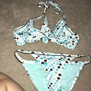 brown and blue polka dot pair bathing suit